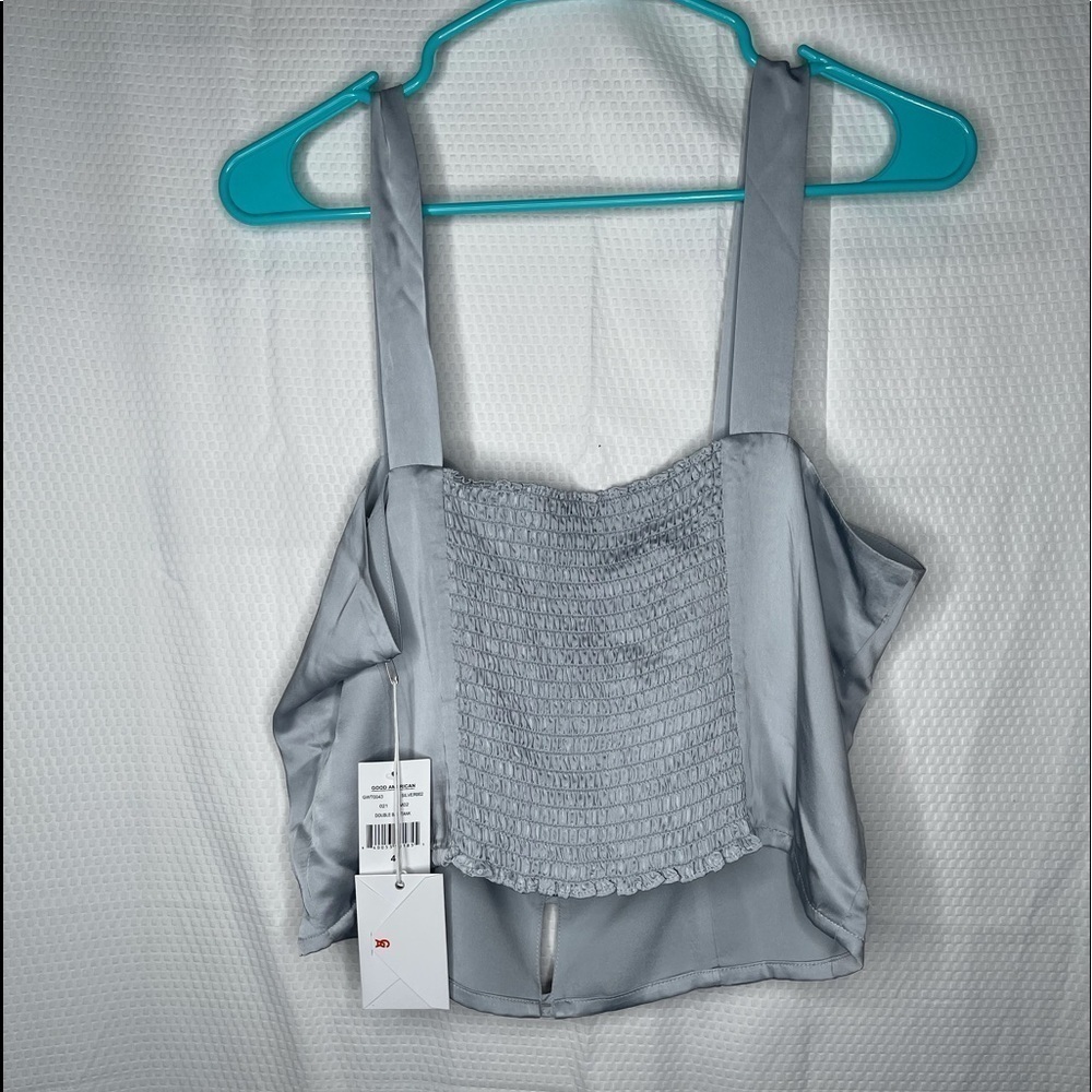 GOOD AMERICAN Silver Faux Leather Double Bar Crop Tank Top XL NWT - Picture 8 of 12